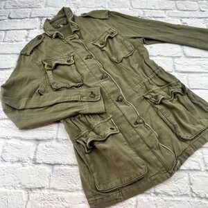 Free People Womens Olive Green Utility Cargo Jacket XS Military Button Front